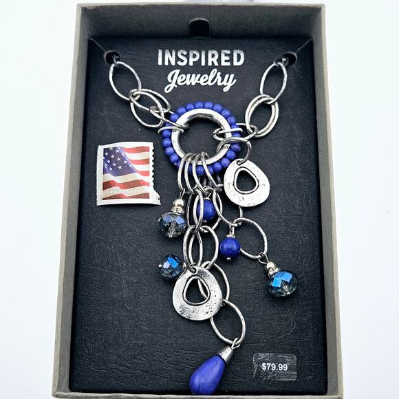 Beaded Drop Dangle Pendant Necklace Navy Blue With Silver Chain Artsy Festival - Picture 4 of 4